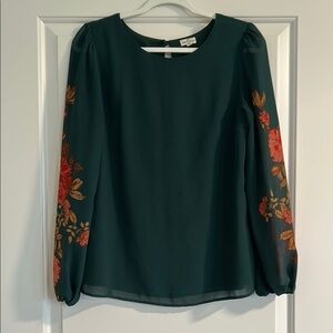 Green Blouse with Sheer Floral Long Sleeves